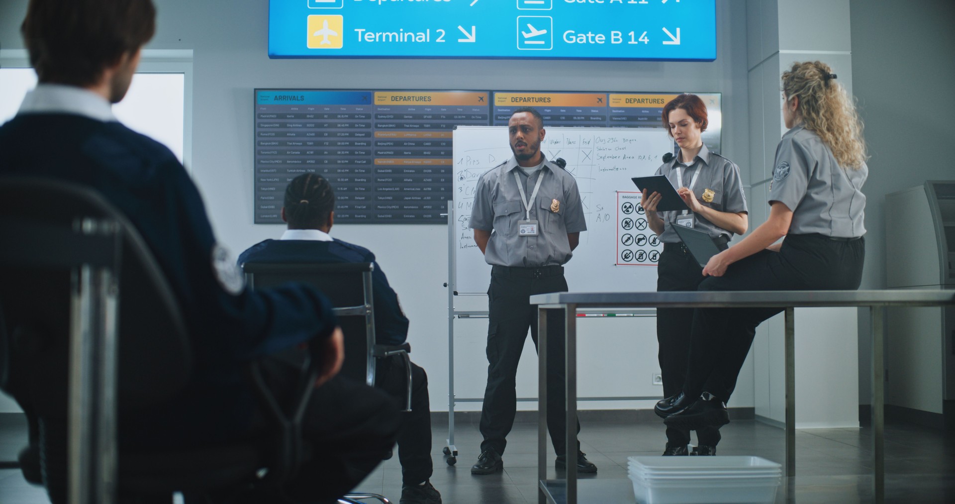 Planning Session with Airport Security Staff: Officer Holds Briefing, Instructs Team of Workers